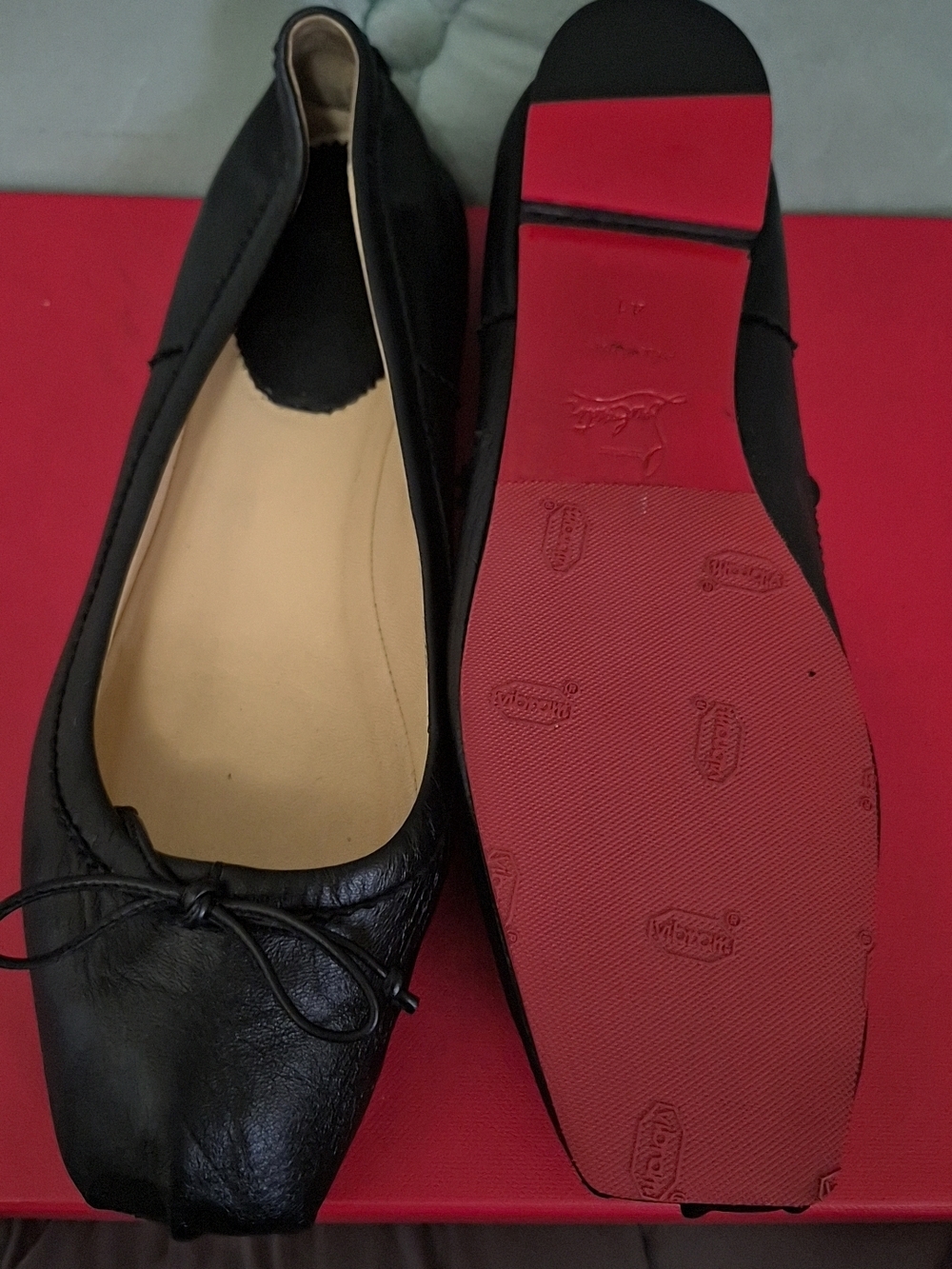 Christian Louboutin Black Leather Ballet Flats Red Sole Square Toe Size 41